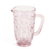 Brocca in vetro rosa trasparente con decoro a rilievo, bordo perlato, manico e beccuccio, collezione Fiorirà, 14x21 cm.