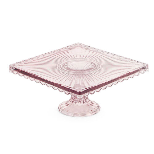 Alzata quadrata in vetro rosa con decoro a raggiera, bordo ondulato e piede basso, collezione Fiorirà, 19,8x19,8x9,8 cm.