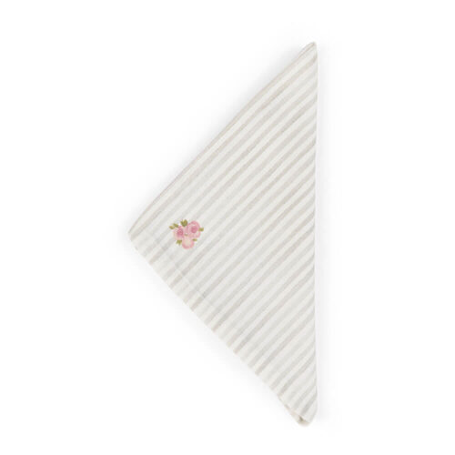 Tovagliolo Sweet Bear Righe Nuvole di Stoffa 40x40 in cotone avorio a righe sottili con piccolo motivo di roselline rosa.