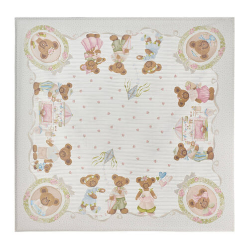 Centro tavola Sweet Bear 120x120 in cotone avorio, righe sottili con roselline e cornice con orsetti, aquiloni e medaglioni floreali.