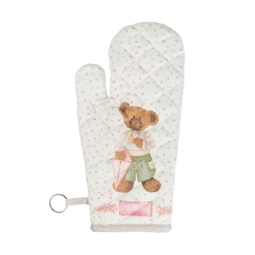 Guantone Sweet Bear Lui Nuvole di Stoffa 19x32 in cotone imbottito double face, lato a pois con orsetto e retro a righe con roselline.