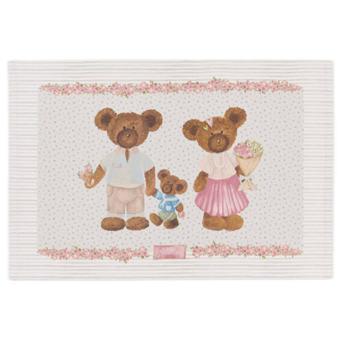 Tovaglietta americana Sweet Bear Fiori 33x50 Nuvole di Stoffa double face, lato con famiglia di orsetti su pois e greca di roselline, retro a pois.