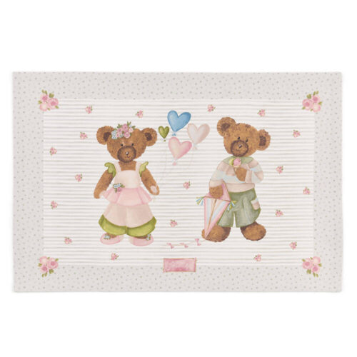 Set de table américain Sweet Bear Hearts 33x50 Nuvole di Stoffa double face, côté ours en peluche et cœurs sur cadre rayé et à pois, dos rayé avec des roses.