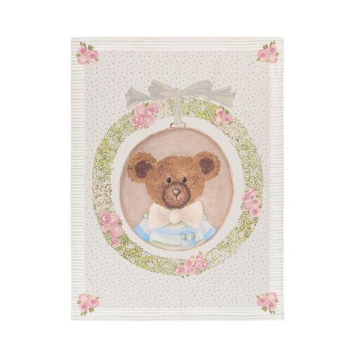 Canovaccio Sweet Bear Lui Nuvole di Stoffa 50x70 in cotone, con orsetto con papillon in medaglione floreale, bordo a pois e righe.