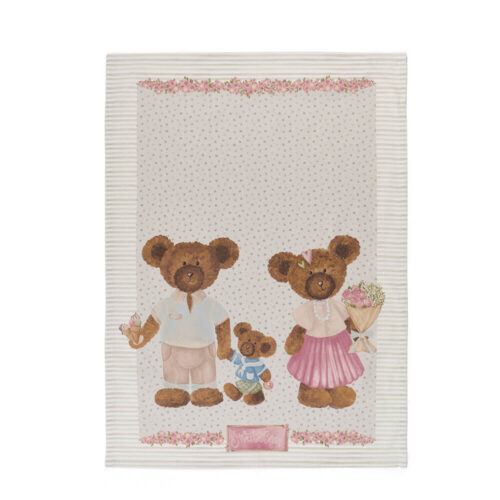 Strofinaccio Sweet Bear Fiori Nuvole di Stoffa 50x70 in cotone, fondo avorio a pois con famiglia di orsetti e decori floreali rosa.
