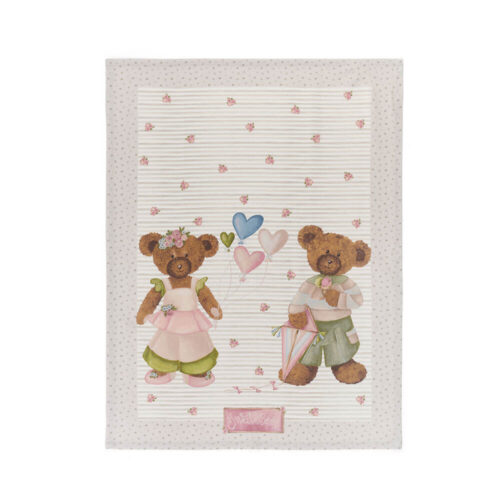 Strofinaccio Sweet Bear Cuori Nuvole di Stoffa 50x70 in cotone, con due orsetti e palloncini a cuore, righe avorio e bordo a pois.