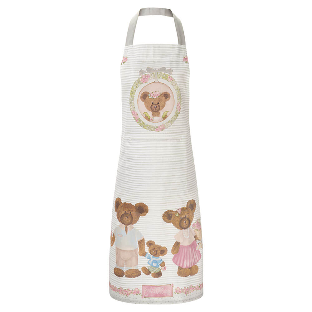 Delantal Sweet Bear Lei Nuvole di Stoffa 60x90 con rayas marfil, medallón de oso y estampado de familia de ositos, bolsillo delantero.