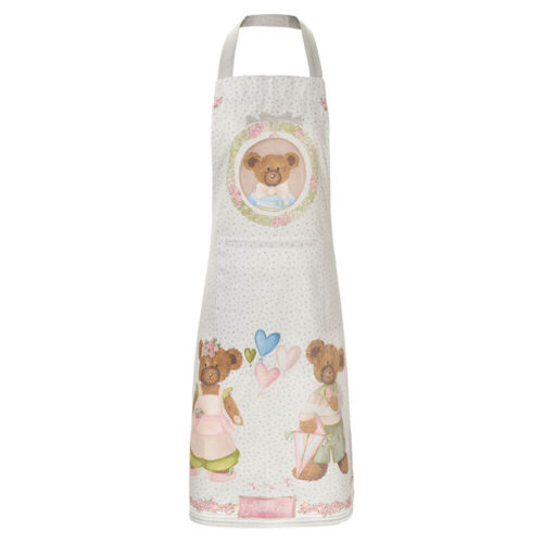 Grembiule Sweet Bear Lui 60x90 Nuvole di Stoffa con fondo a pois, medaglione orsetto e scena con cuori, tasca frontale e bordi decorativi.