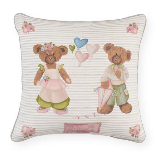 Cuscino arredo Sweet Bear Cuori 40x40 Nuvole di Stoffa double face: fronte a righe con orsetti e cuori, retro avorio a pois.