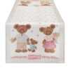 Chemin de table Sweet Bear Stripes Nuvole di Stoffa 50x150 coton, fond rayé ivoire avec petites roses et bordures à pois, imprimé famille d'oursons.