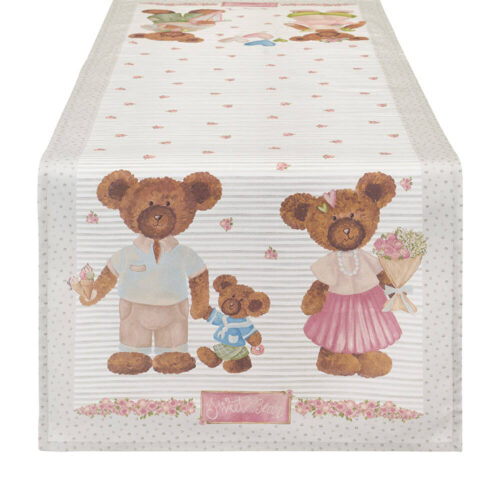 Runner Sweet Bear Righe Nuvole di Stoffa 50x150 in cotone, fondo avorio a righe con roselline e bordi a pois, famiglia di orsetti stampata.