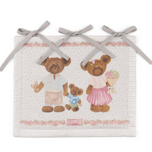 Copriforno Sweet Bear Fiori Nuvole di Stoffa 35x42 in cotone imbottito, con famiglia di orsetti su fondo a pois e bordi a righe, con laccetti.