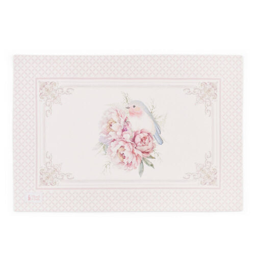 Tovaglietta americana Nuvole di Stoffa Fiorirà 33x50 in cotone: fronte con uccellino e peonie e cornice rosa, retro rosa tinta unita.