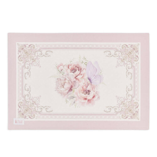 Tovaglietta americana Nuvole di Stoffa Fiorirà Farfalla 33x50 in cotone: peonie e farfalla lilla con cornice decorata, retro micro fantasia rosa.