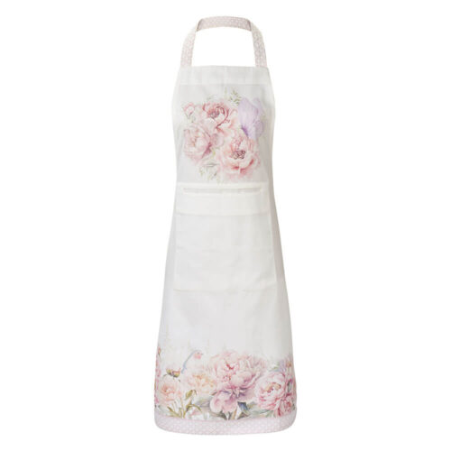 Tablier en tissu Nuvole di Stoffa Fiorirà Farfalla 60x90 en coton ivoire avec pivoines roses et papillon lilas, bordure florale, poche frontale et bordure rose.