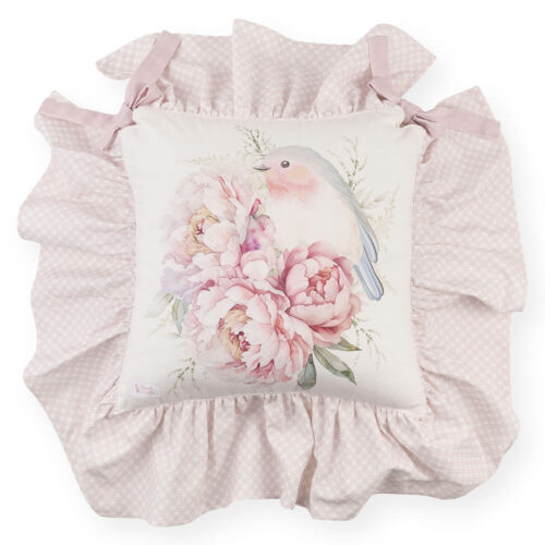 Coussin de chaise avec oiseau et fleurs roses, volant et nœuds latéraux.