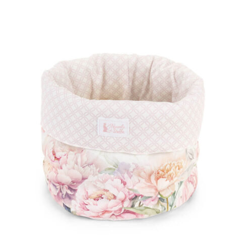 Nuvole di Stoffa Fiorirà Panier en coton 23x20 avec imprimé pivoine rose, rabat et intérieur à motifs géométriques roses.
