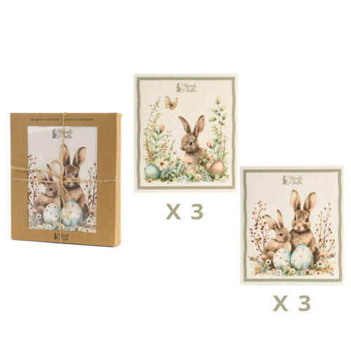 Set 6 spugnette PePen Nuvole di Stoffa in cellulosa con coniglietti e fiori, confezionate in scatola regalo.