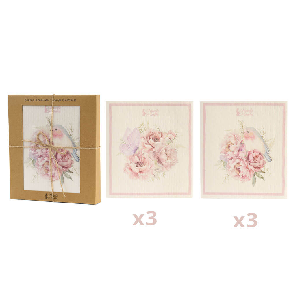 Nuvole di Stoffa Set 6 Spugne 17x19 Fiorirà 1 Set 6 spugnette in cellulosa Nuvole di Stoffa Fiorirà con disegni floreali rosa e uccellino, bordo rosa tenue, formato 17.2x19.4 cm.