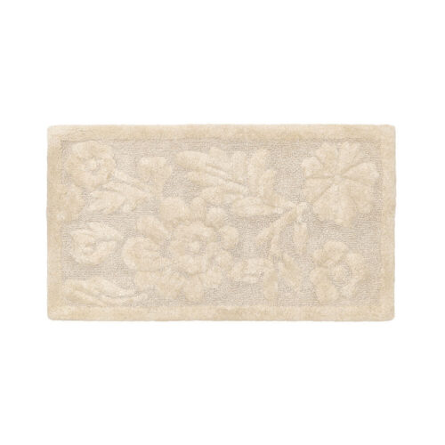 Tappeto bagno beige con decorazioni floreali in rilievo, rettangolare, stile shabby chic.