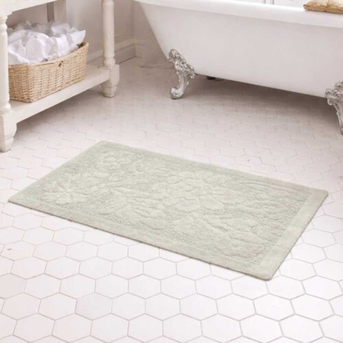 Tappeto bagno verde salvia con motivo floreale in rilievo, rettangolare, stile shabby chic.