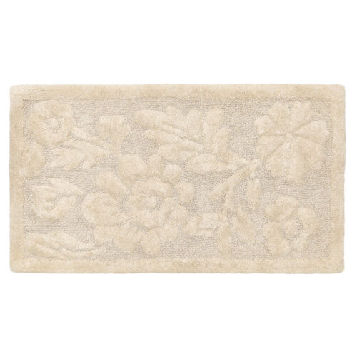 Tappeto bagno beige rettangolare con motivo floreale in rilievo, stile shabby chic.