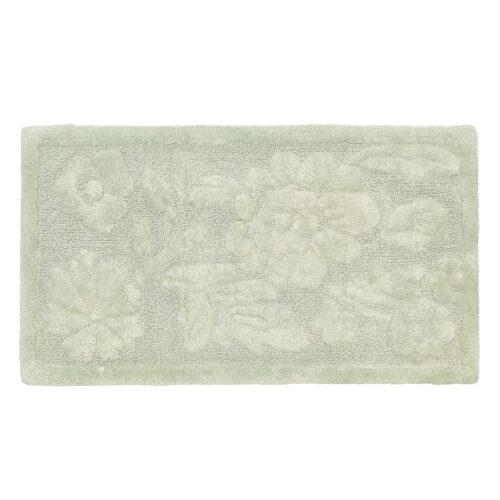 Tappeto bagno verde salvia rettangolare con decorazioni floreali in rilievo, stile shabby chic.