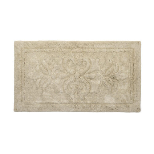 Tappeto bagno beige con motivo arabesco in rilievo, stile elegante e raffinato.