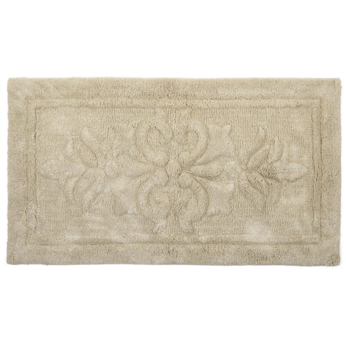 Tappeto bagno beige con motivo arabesco in rilievo e cornice decorativa, stile elegante e shabby chic.