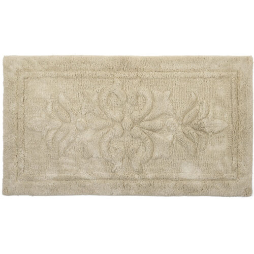 Tappeto bagno beige con motivo arabesco in rilievo e cornice decorativa, formato grande ed elegante.