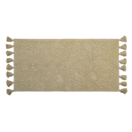 Tappeto bagno beige in cotone con motivo floreale in rilievo e nappe decorative ai lati, stile shabby chic.