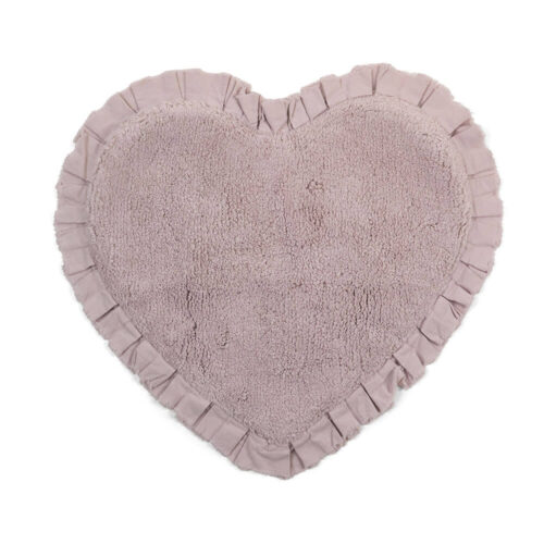 Tappeto a forma di cuore color malva con bordo arricciato in tessuto, stile shabby chic.