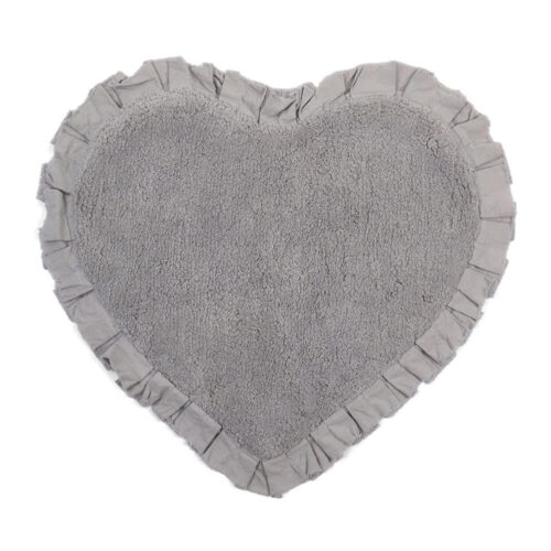 Tappeto a forma di cuore grigio con bordo arricciato in tessuto, stile shabby chic.