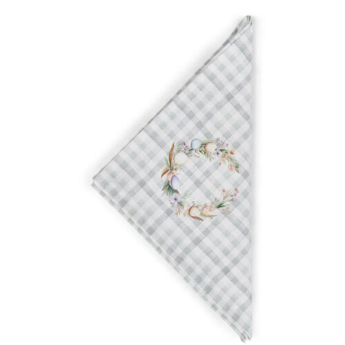 Tovagliolo in cotone Nuvole di Stoffa Pepen a quadretti verde salvia con ghirlanda pasquale centrale.