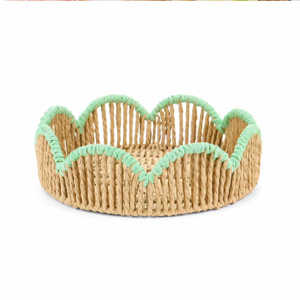 Nuvole di Stoffa Panier Fiorirà Tiffany 25x7 cm 1 Panier rond bas en rotin naturel avec bord ondulé et finition en tissu vert Tiffany, collection Fiorirà, 25x7 cm.