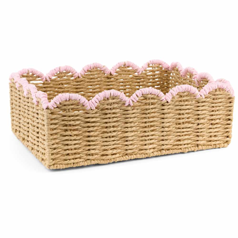 Nuvole di Stoffa panier Fiorirà rose 36x12 cm 1 Panier bas rectangulaire en rotin tressé avec bordure ondulée en tissu rose, collection Fiorirà Rosa, 36x25x12 cm.
