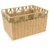 Cestino rettangolare in rattan naturale con decoro a festoni verde muschio sul bordo, collezione Fiorirà, 35,5x25,5x26 cm.