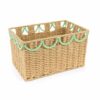 Cesta rettangolare in rattan naturale con decoro a festone verde Tiffany sul bordo, collezione Fiorirà, 31,5x21,5x23 cm.