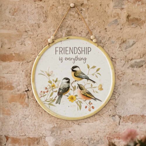 Targa rotonda in metallo Nuvole di Stoffa “FRIENDSHIP” Ø30 cm con uccellini e fiori ad acquerello, cordino con palline in legno.