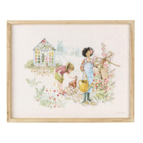 Tableau avec cadre en bois naturel et illustration à l'aquarelle d'un jardin avec une gloriette, des fleurs, deux personnages et un chaton, 40x20x50 cm.
