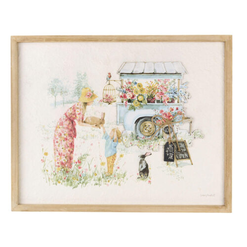Tableau en bois 40x2x50 avec illustration à l'aquarelle d'un chariot de fleurs, d'une mère et d'un enfant dans un pré, d'un lapin et de détails sur l'accueil/ouverture.