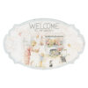 Targa Nuvole di Stoffa Fiorirà in metallo 42x26,5 cm con bordo azzurro vintage e scritta “Welcome to my garden”, illustrazione floreale shabby.