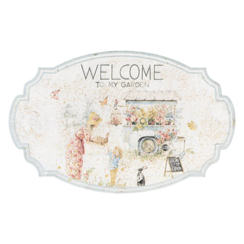 Assiette en métal Nuvole di Stoffa Fiorirà 42x26,5 cm avec une bordure bleue vintage et les mots "Bienvenue dans mon jardin", illustration florale de style shabby.