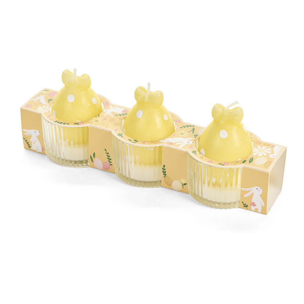 Set tre candele Nuvole di Stoffa a forma di uovo con orecchie in vetro giallo pastello