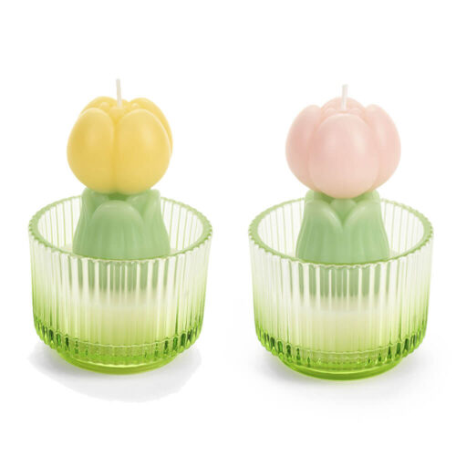 Candela tulipano Nuvole di Stoffa in due colori assortiti (giallo o rosa) con bicchiere in vetro rigato verde, Ø7,5x11 cm.