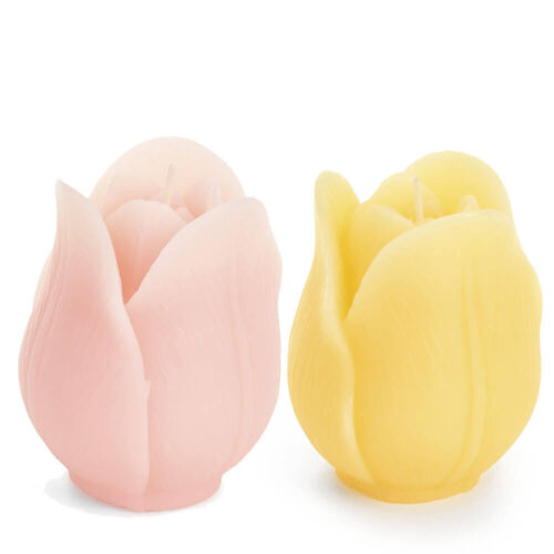 Candele a forma di tulipano Fiorirà in due colori assortiti rosa e giallo, cera opaca con petali scolpiti, Ø6,8x8 cm.