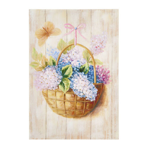 Tableau en bois avec panier d'hortensias pastel, nœud rose et papillon sur fond effet bois blanchi, 33,5x51 cm.