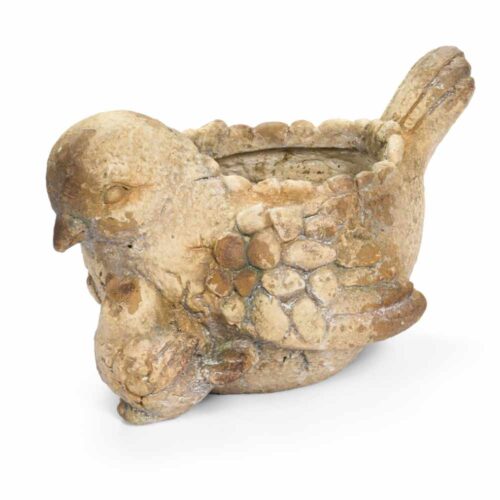 Vaso a forma di uccello in resina effetto pietra vintage, colore beige anticata, con apertura superiore per fiori, 26,5x34x23 cm.