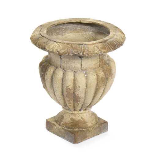 Vase vintage avec rainures et base carrée, finition pierre antique gris tourterelle ivoire, 30x30x35 cm.