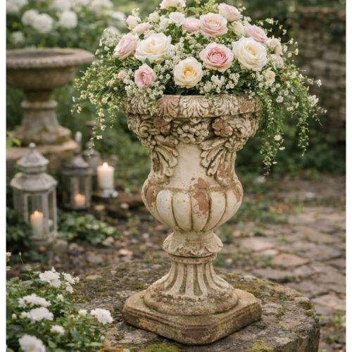 Vaso shabby chic alto a coppa con decori di foglie in rilievo, finitura pietra antichizzata avorio e base esagonale, 35x56 cm.